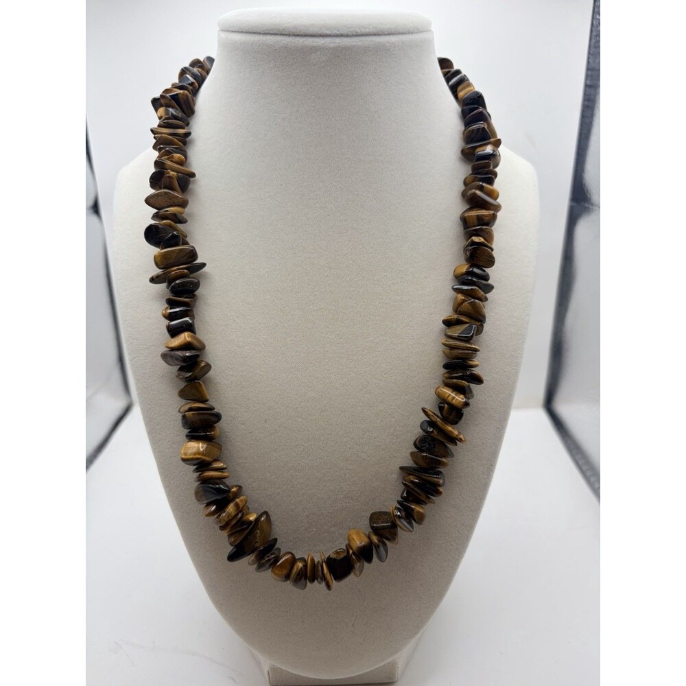 Vintage Genuine Tigers Eye Stone Chip Nugget Necklace Barrel Clasp